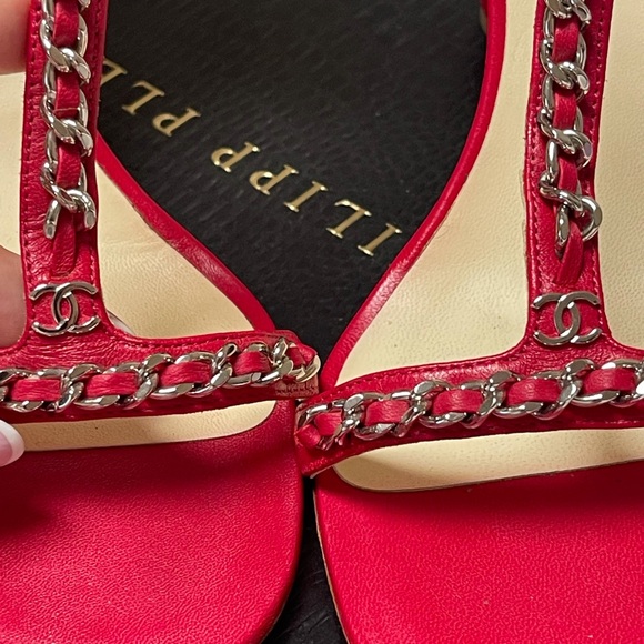 Chanel Interlocking CC Logo Leather T-Strap Sandals red 39.5 - Picture 7 of 7
